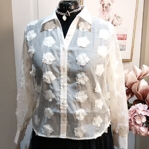 Nwt XL & Large Adrianna Papell Sheer White Floral Button Down Shirt